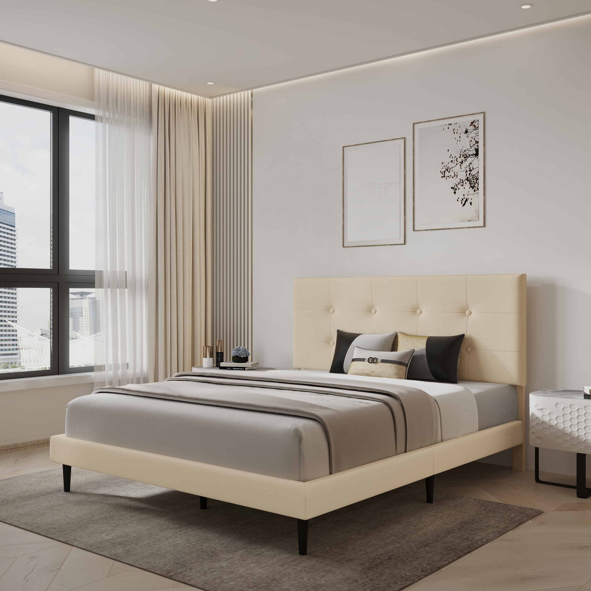 Mid-Century Tufted Upholstered Platform Bed – Beige