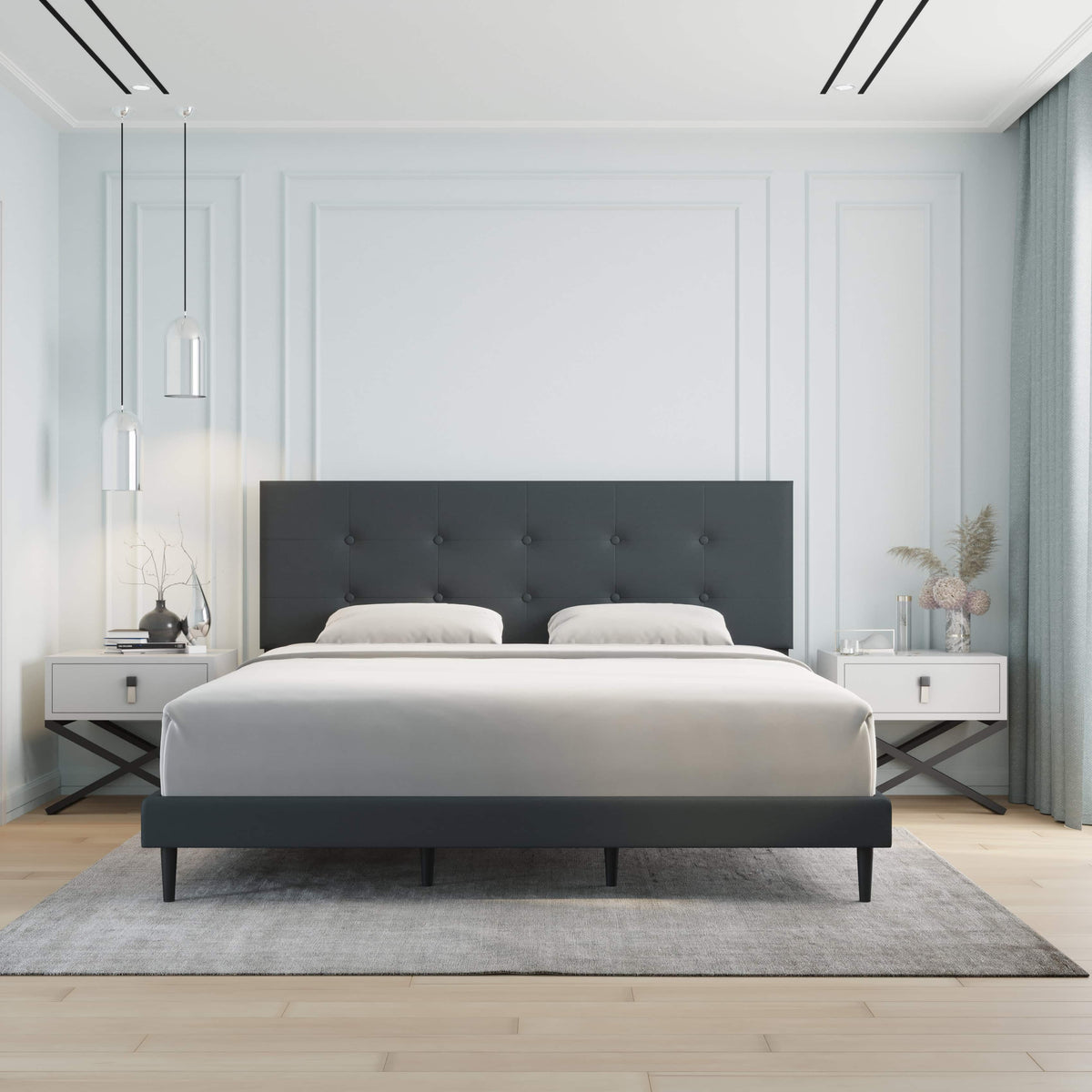 Mid-Century Tufted Upholstered Platform Bed – Beige
