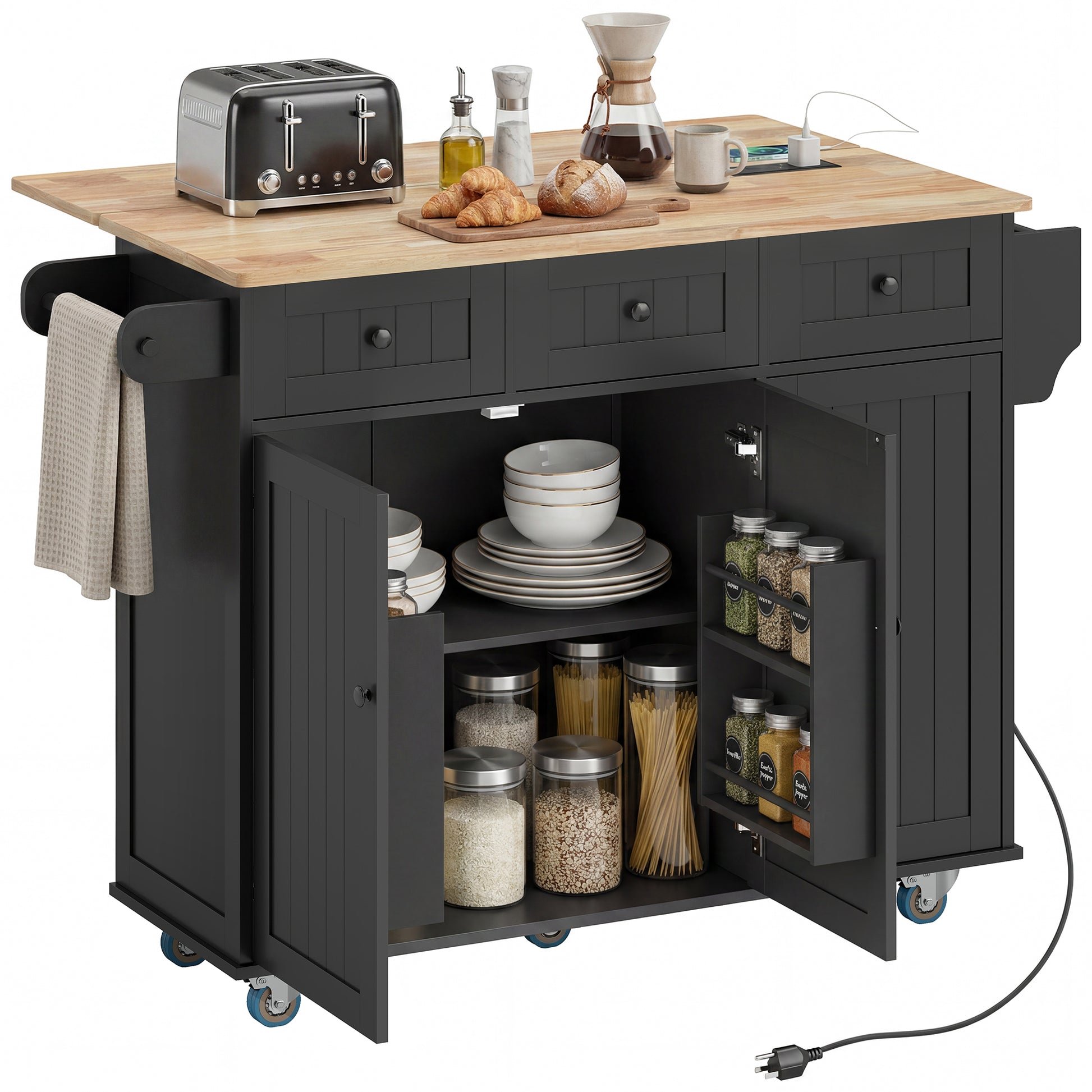 HOMCOM Kitchen Island with Drop Leaf, Charging Station, Black