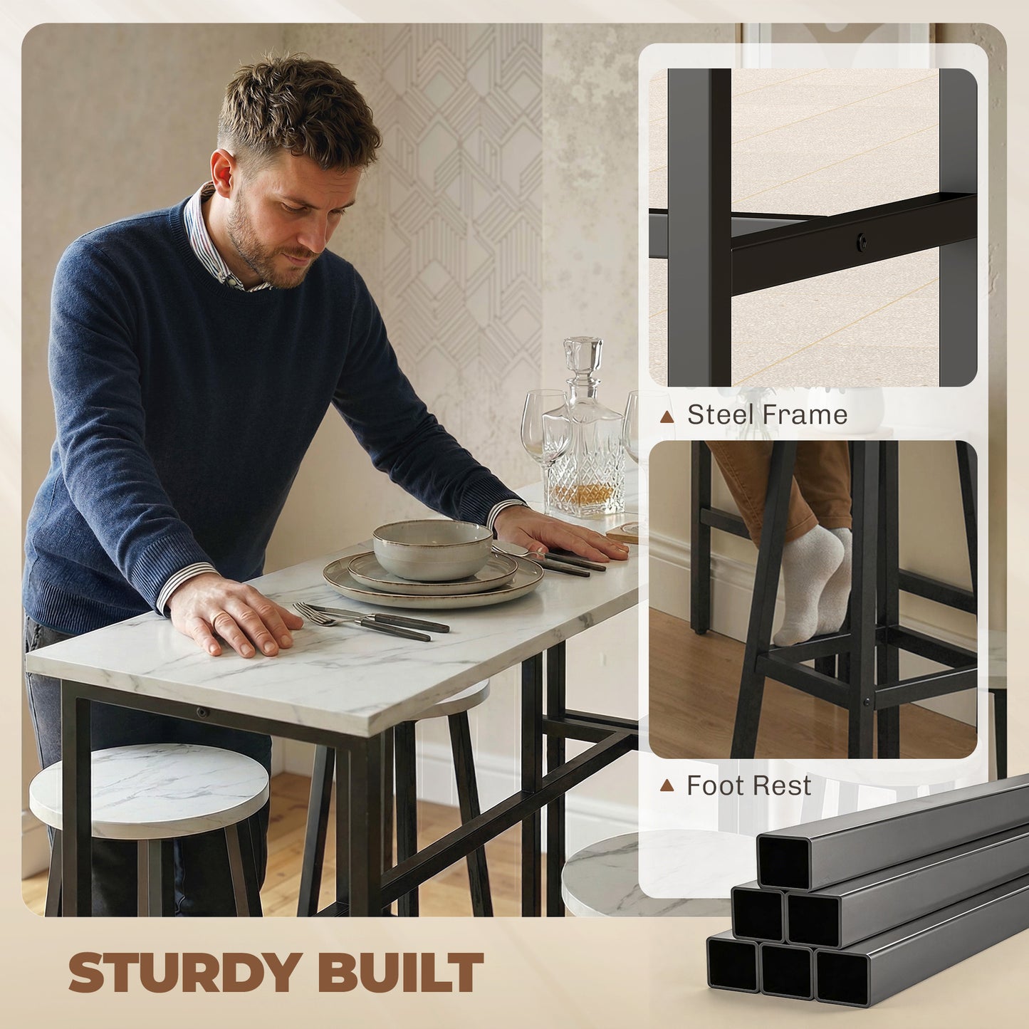 HOMCOM Bar Table Set Industrial Style White Marble