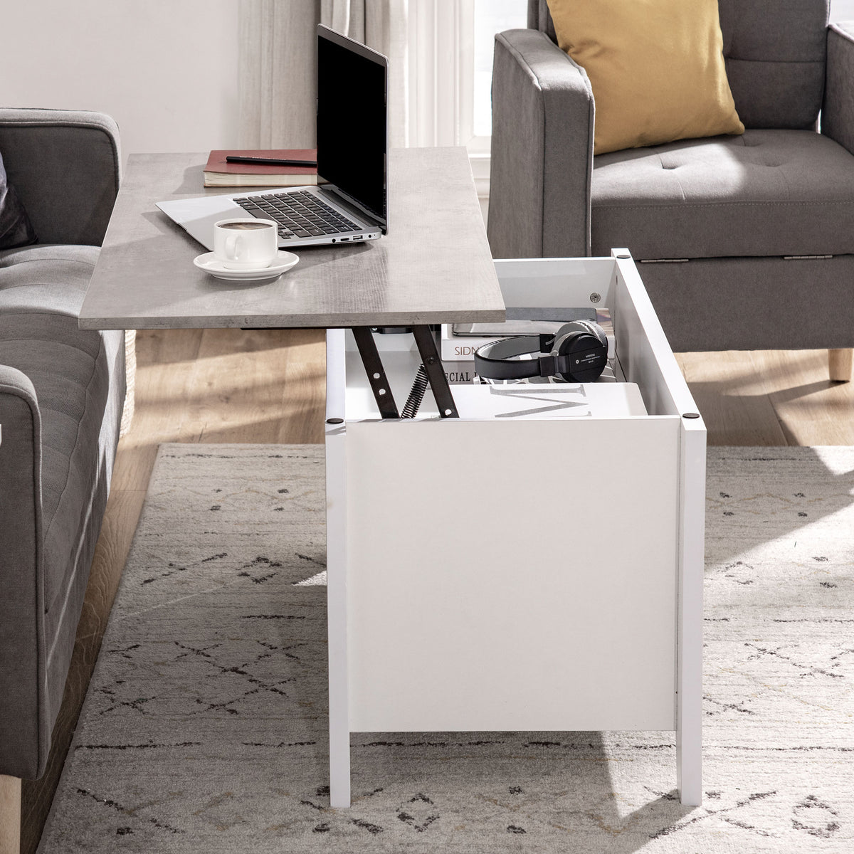 Lift-Top Coffee Table with Hidden Storage and Open Shelves