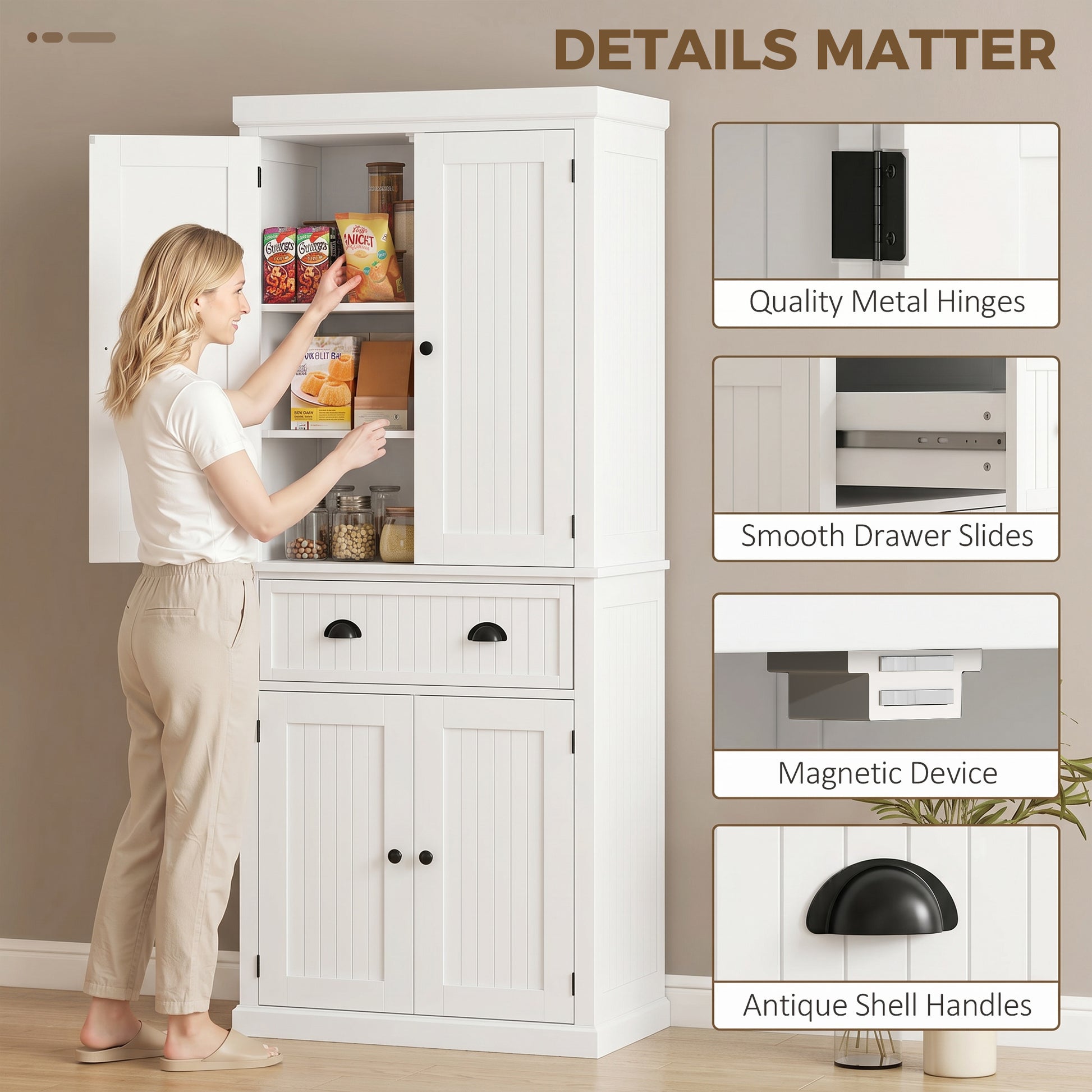 HOMCOM 72" Kitchen Pantry, Freestanding Storage Cabinet with Drawer, Doors, White
