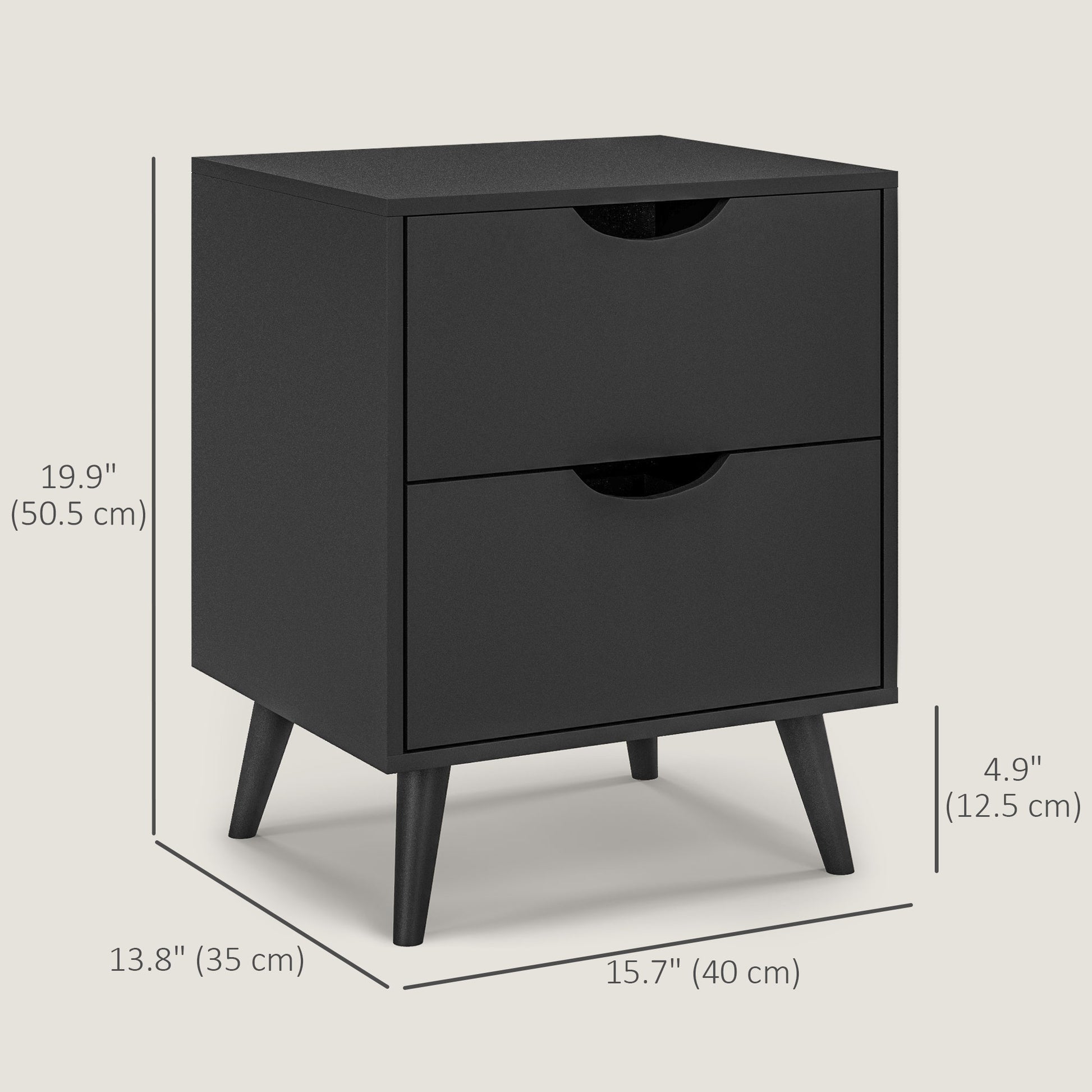 HOMCOM Modern Black Nightstand with Two Drawers, Solid Pine Wood Legs