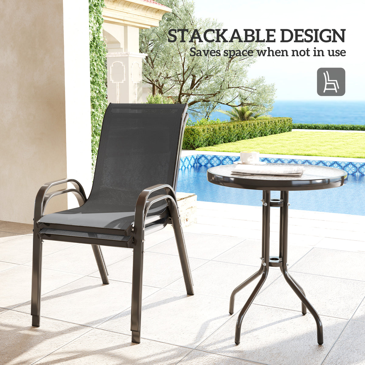 3 Pieces Bistro Set, Small Patio Furniture Set with Stackable Mesh Chairs, Glass Table for Garden, Balcony – Dark Grey