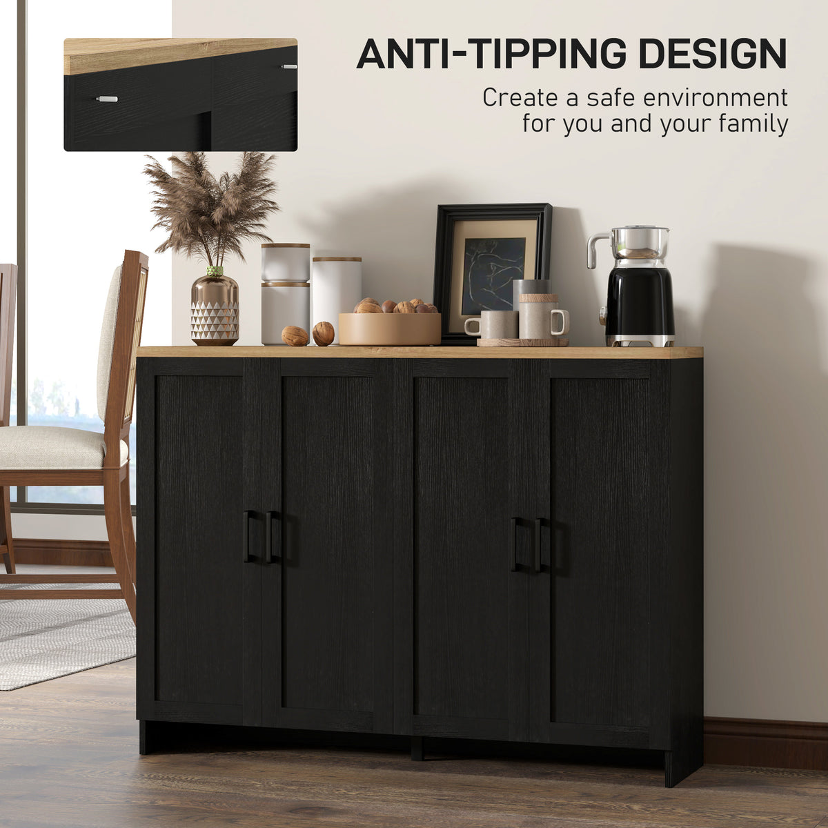 Modern Kitchen Storage Cabinet with 4 Doors Adjustable Shelves – 47"W x 35"H