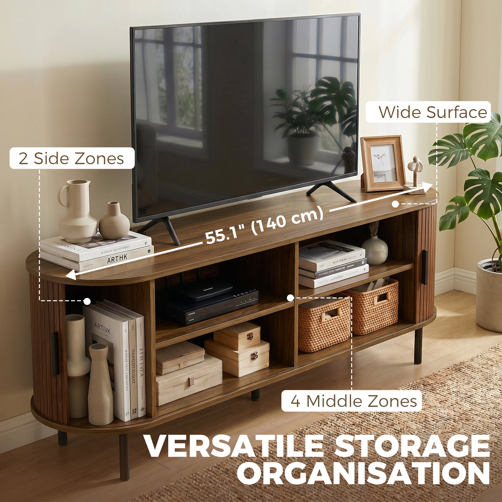 HOMCOM TV Stand Curved Sliding Doors Walnut Brown 60"