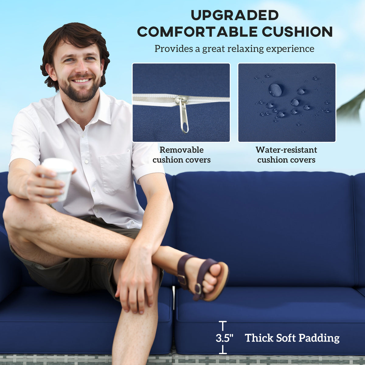 3-Seater Patio Sofa with Cushions, Rattan Conversation Set with Steel Frame & Washable Cushion Covers