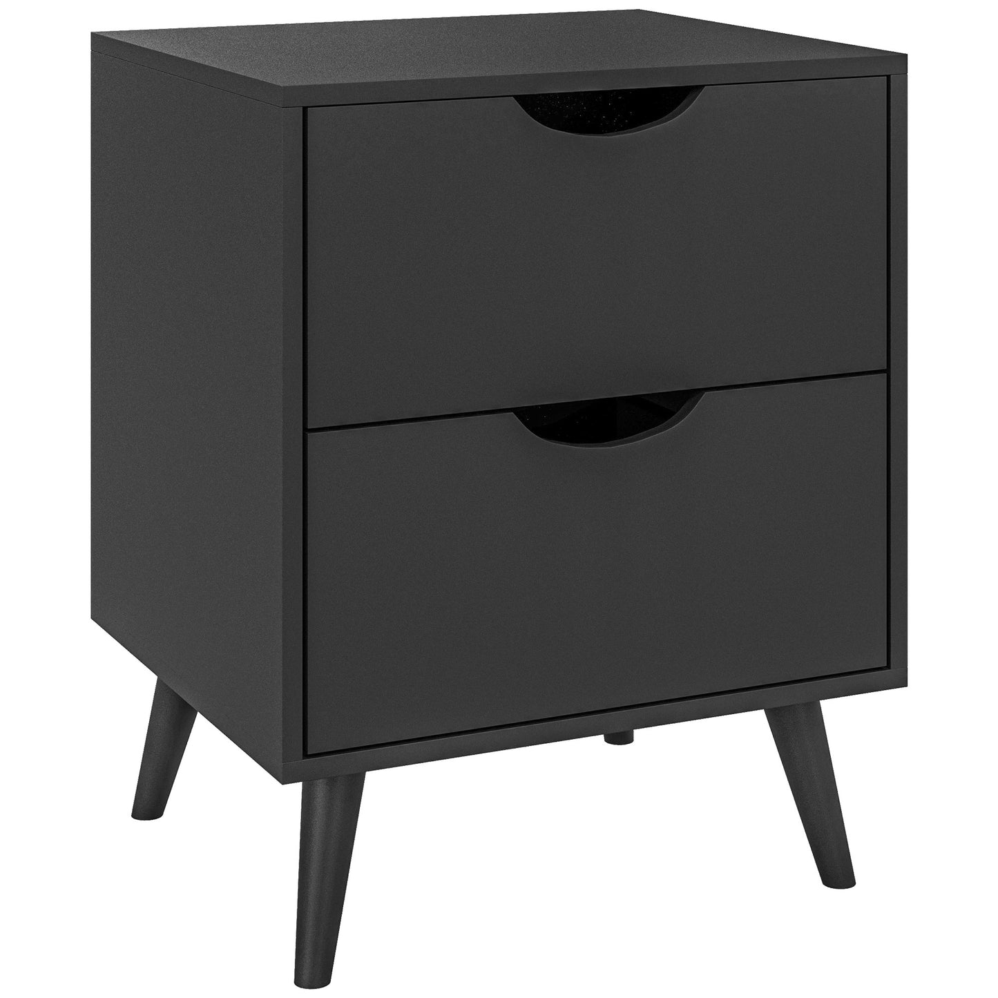 HOMCOM Modern Black Nightstand with Two Drawers, Solid Pine Wood Legs