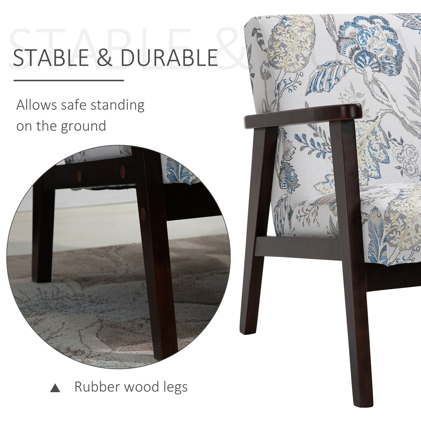 HOMCOM Mid-Century Modern Accent Lounge Chair, Floral Fabric Upholstered, Rubberwood Legs