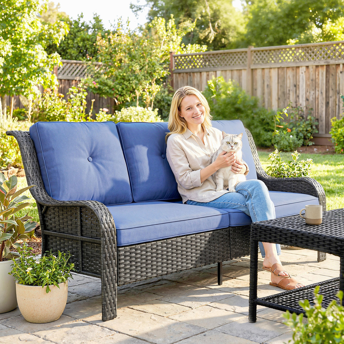 Wicker Patio Sofa with Cushions, 3 Seater Rattan Outdoor Couch for Patio, Garden, Porch, Backyard, Deep