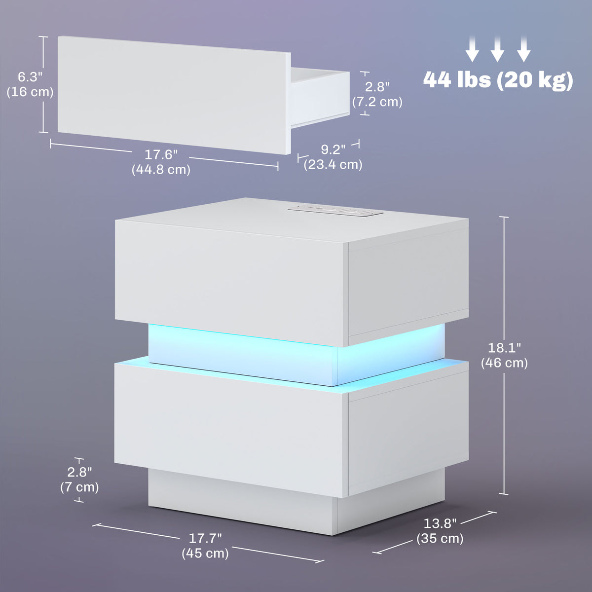 Nightstand with Charging Station and LED Light – 18"W x 18"H