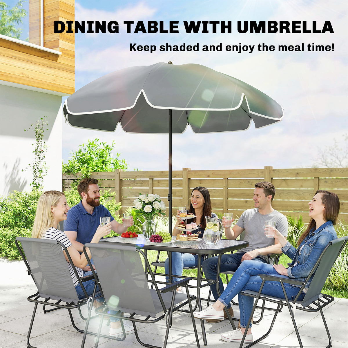 8 Piece Patio Table and Chairs Set with Folding Chairs, Tempered Glass Tabletop and Umbrella for Garden – Grey