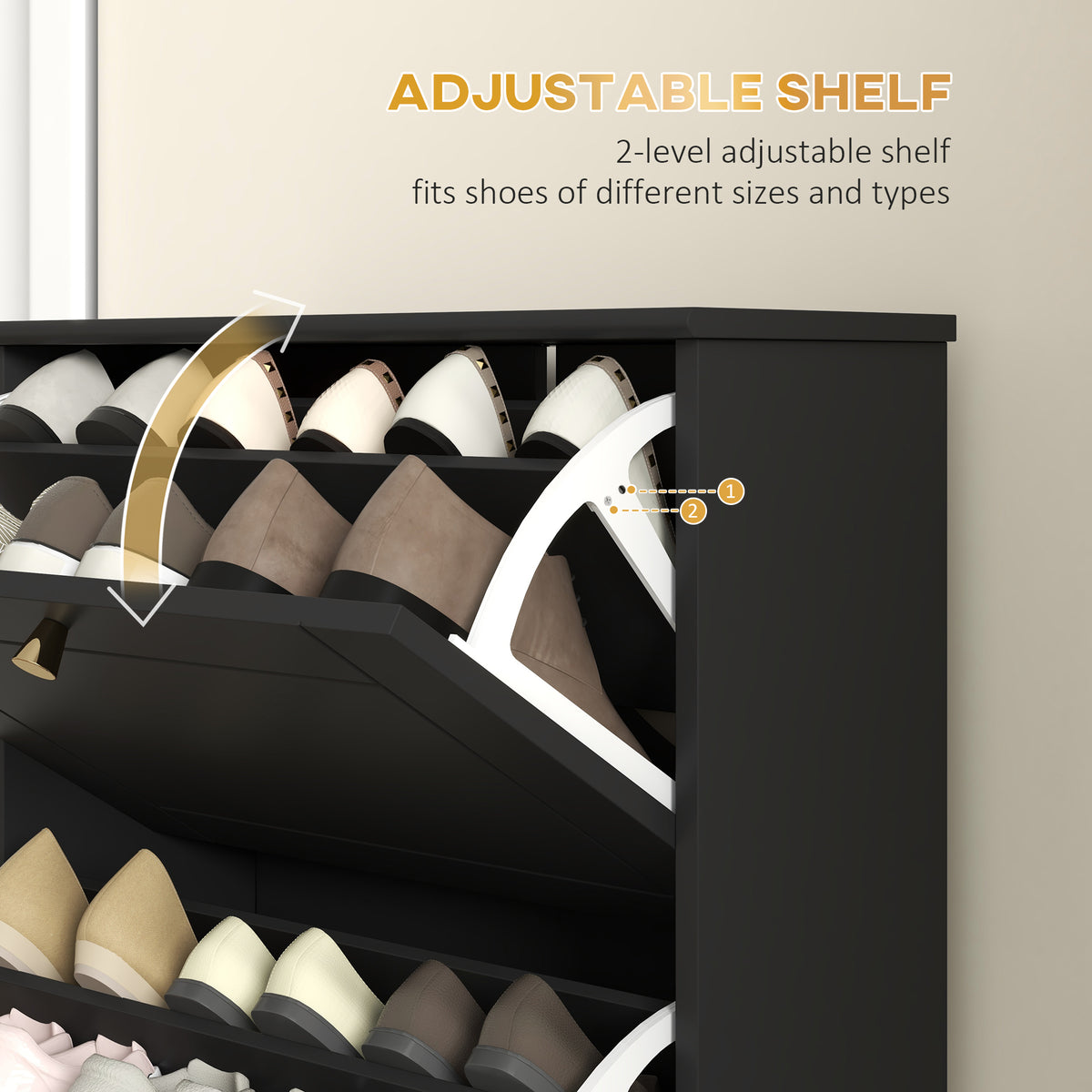 Narrow Shoe Storage with 3 Flip Drawers and Adjustable Shelves – 24"W x 49"H