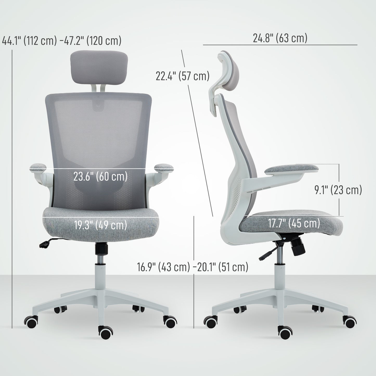 HOMCOM Ergonomic Grey Mesh Office Chair, Adjustable Lumbar, Headrest, Flip-Up Armrests