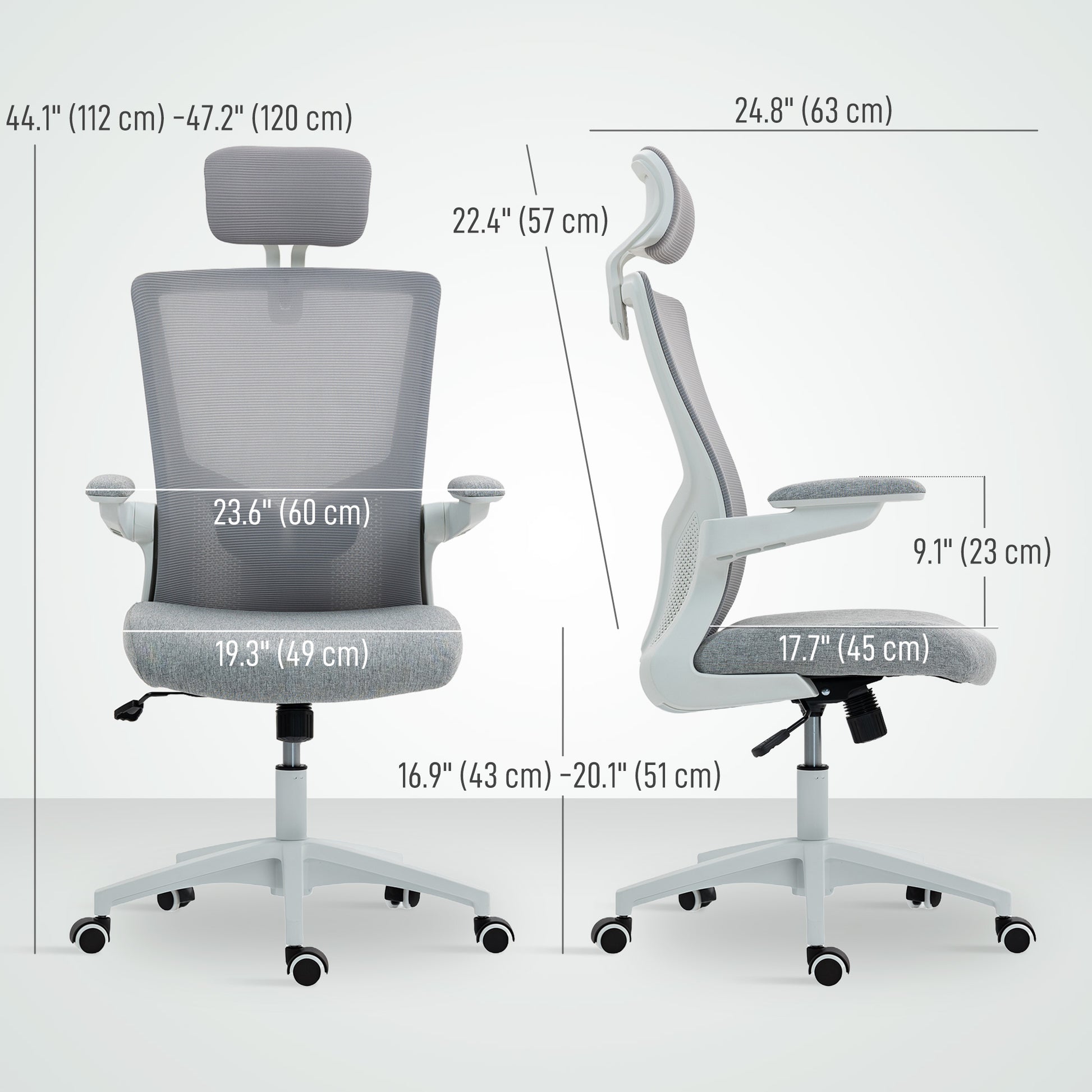 HOMCOM Ergonomic Grey Mesh Office Chair, Adjustable Lumbar, Headrest, Flip-Up Armrests