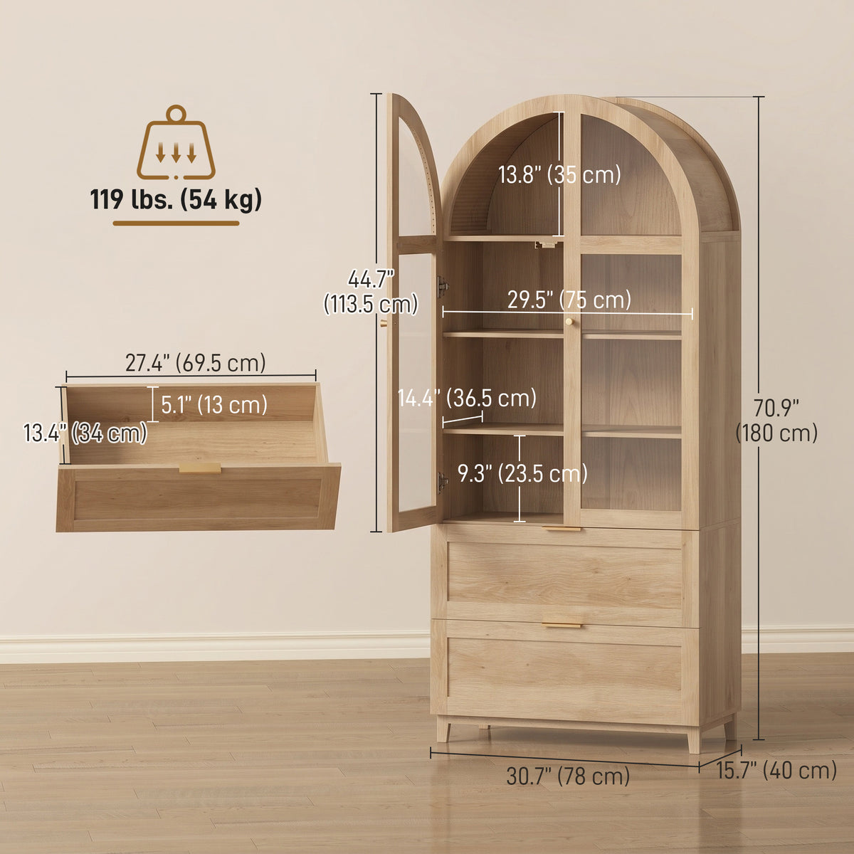Farmhouse Kitchen Storage Cabinet with 2 Drawers – 31"W x 71"H