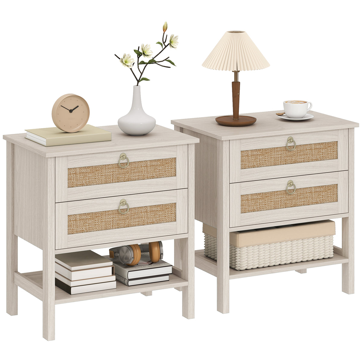 Boho Rattan Nightstands with 2 Drawers, Set of 2 – 24"W x 26"H