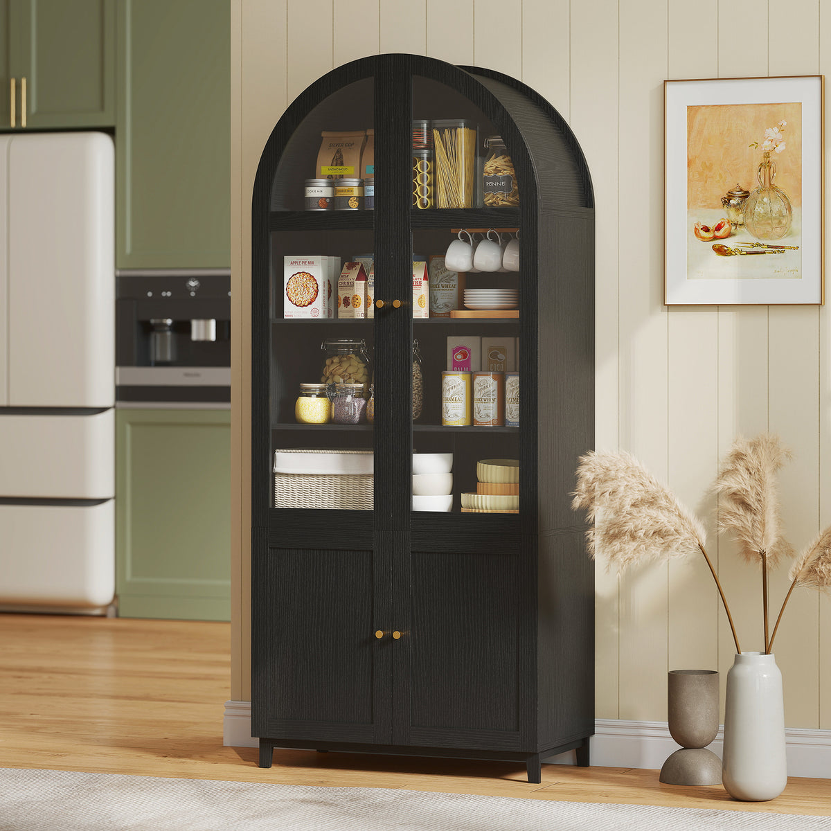 Farmhouse Kitchen Storage Cabinet with Acrylic Glass Doors – 31"W x 71"H