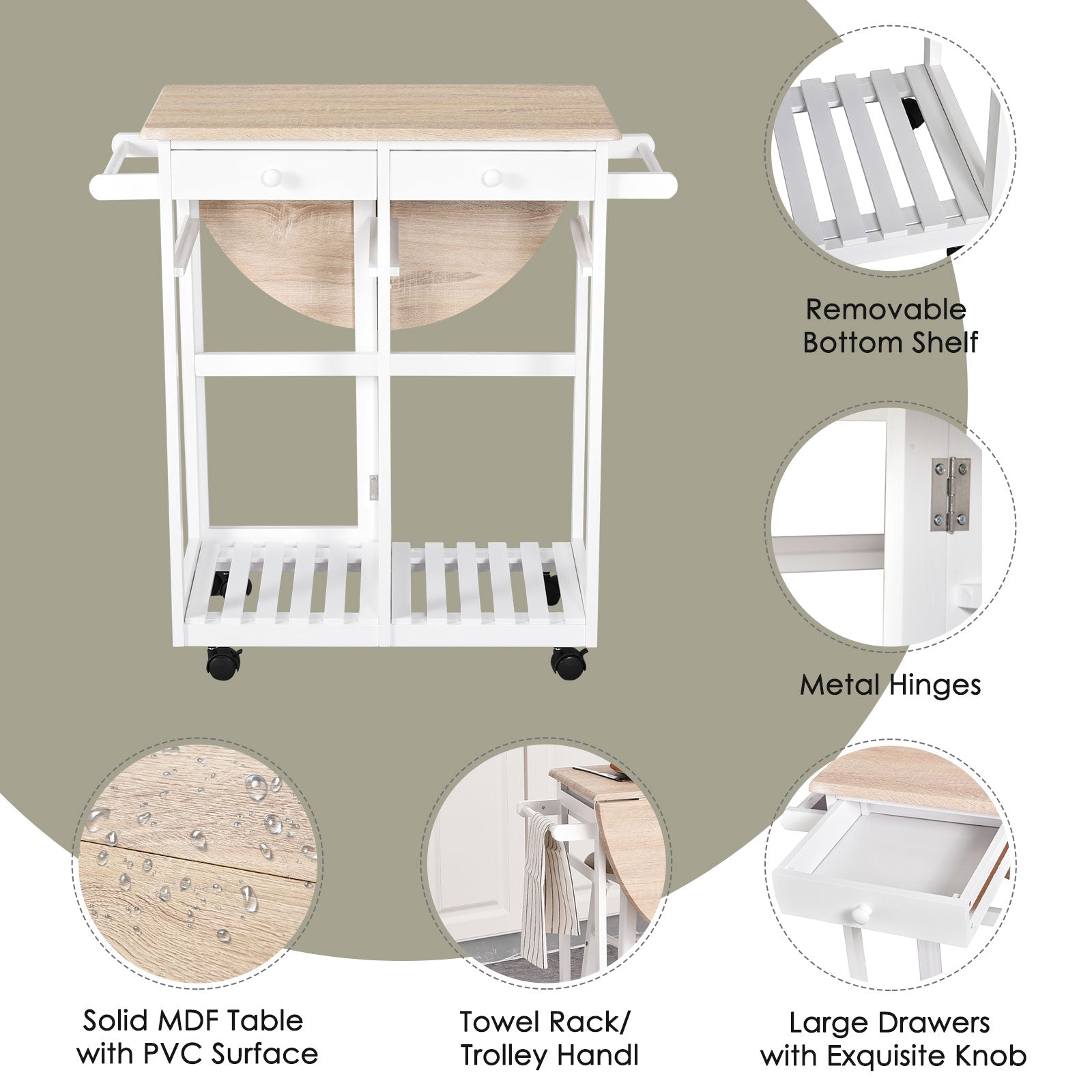 HOMCOM Kitchen Trolley 3-Piece Set with Drop Leaf Table, White