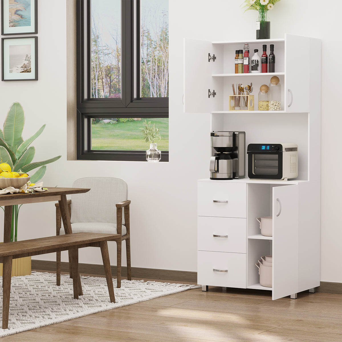 Kitchen Buffet with Hutch, 2 Cabinets and 3 Drawers – 32"W x 72"H