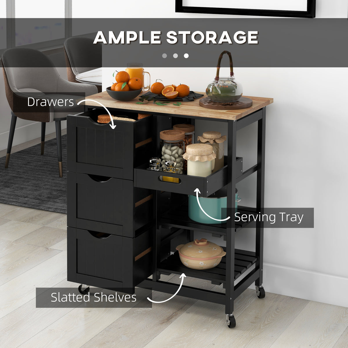 Rolling Kitchen Island Cart with Wood Top – 27"W x 34"H