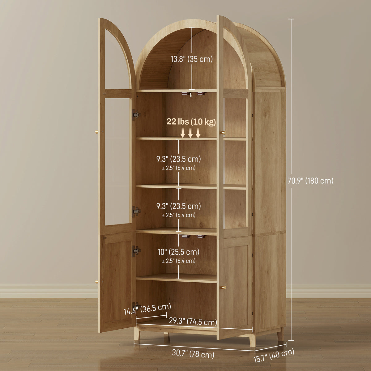 Farmhouse Kitchen Storage Cabinet with Acrylic Glass Doors – 31"W x 71"H