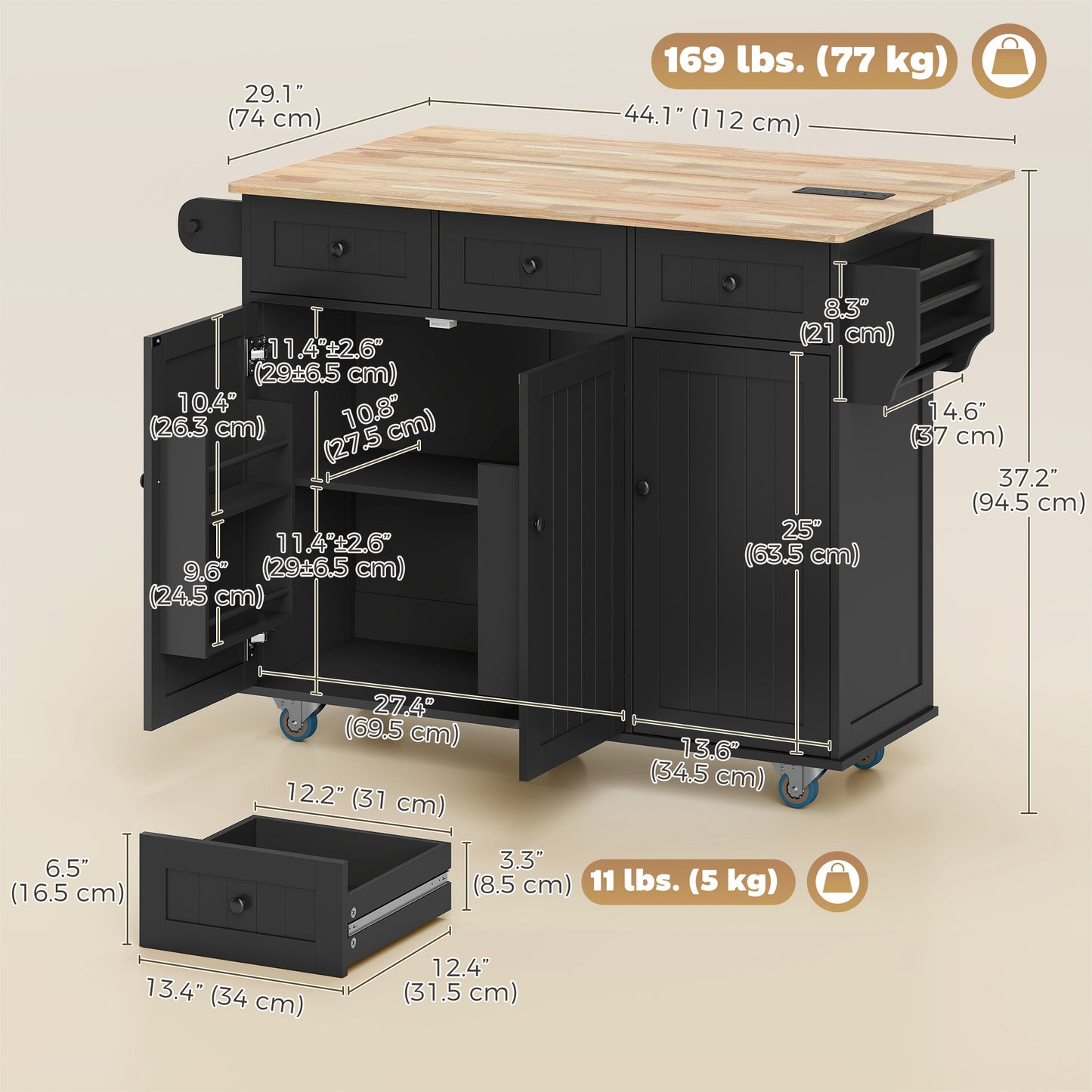 HOMCOM Kitchen Island with Drop Leaf, Charging Station, Black