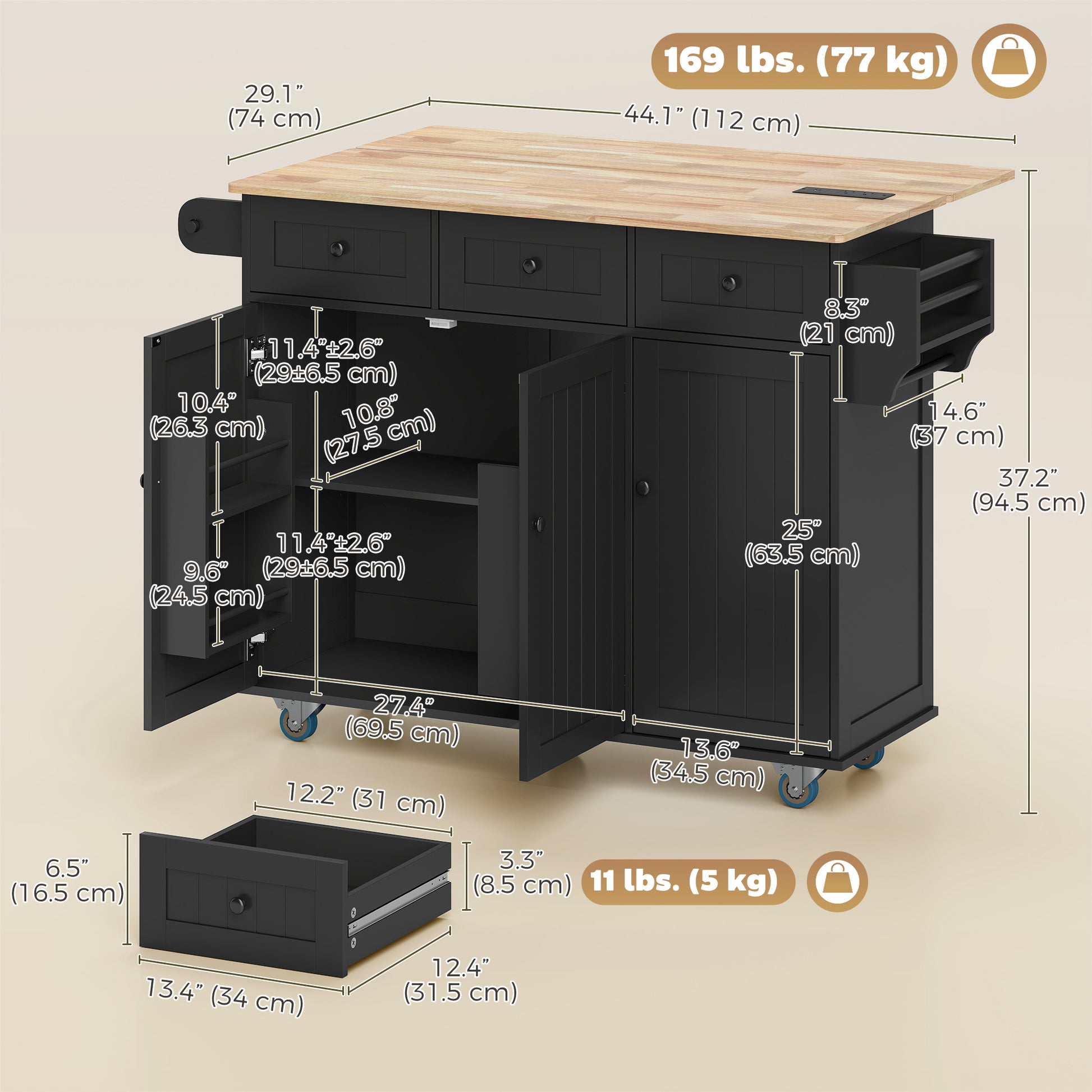 HOMCOM Kitchen Island with Drop Leaf, Charging Station, Black