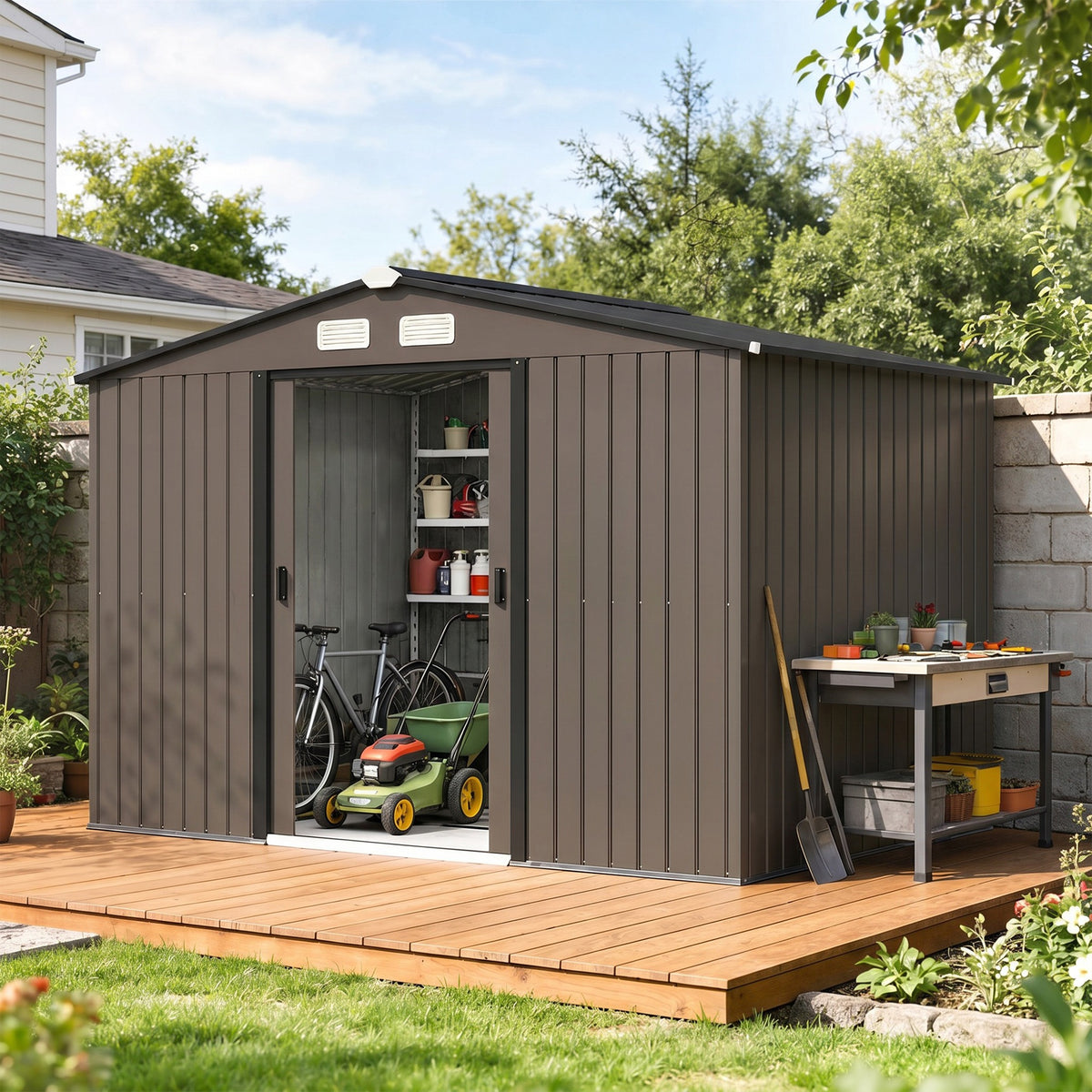9.1'x6.4'x6.3' Garden Storage Shed, Outdoor Storage Tool House with Vents, Foundation and Lockable Double Doors – Brown