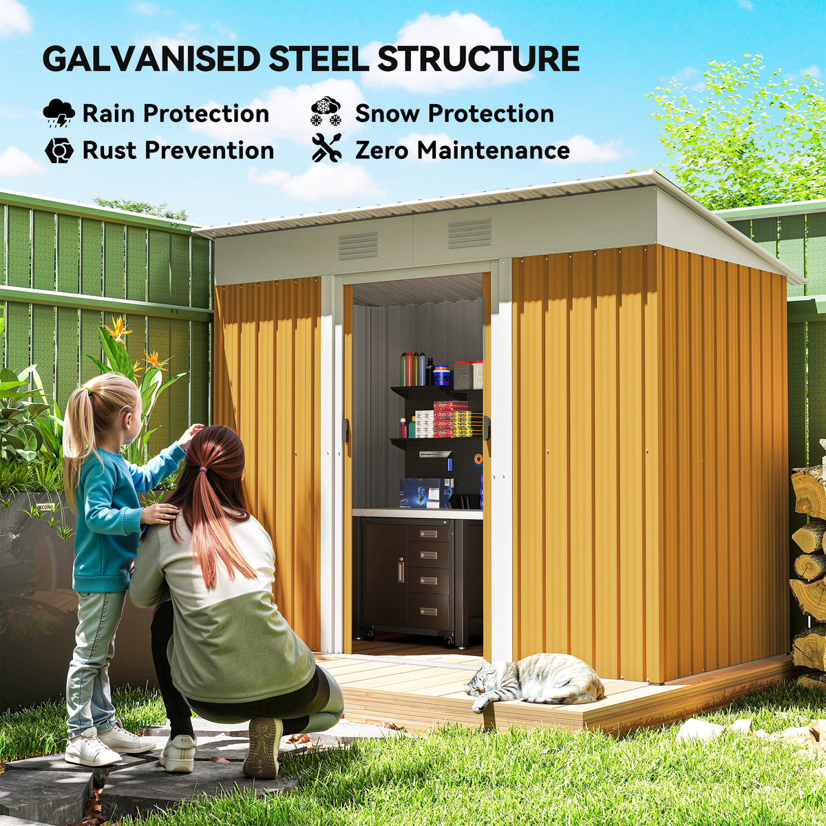 7' x 3.6' Outdoor Storage Shed, Metal Garden Tool Storage House Organizer with Lockable Sliding Doors and Vents for Backyard Patio Lawn – Yellow