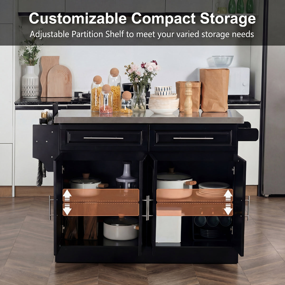 Rolling Kitchen Island with Stainless Steel Top – 57"W x 37"H