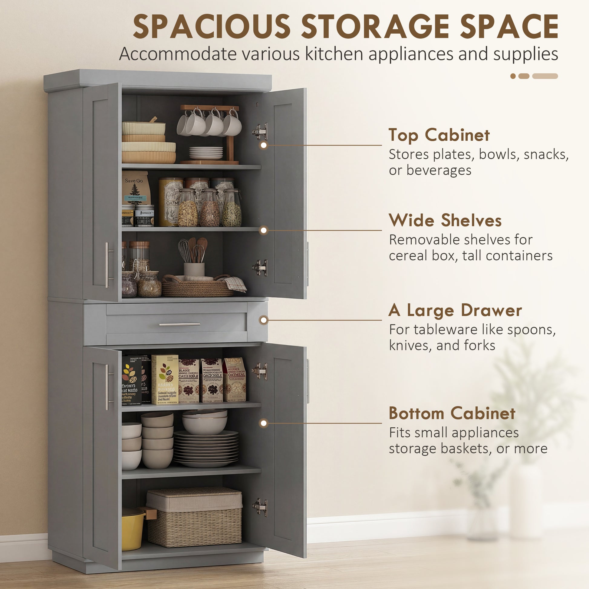 HOMCOM 72" Freestanding Storage Cabinet With 4 Doors Grey