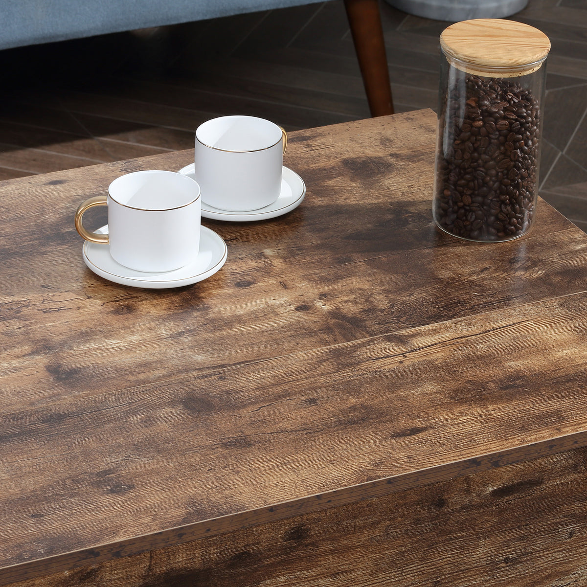 Lift-Top Coffee Table with Hidden Storage and Steel Legs, Rustic Brown