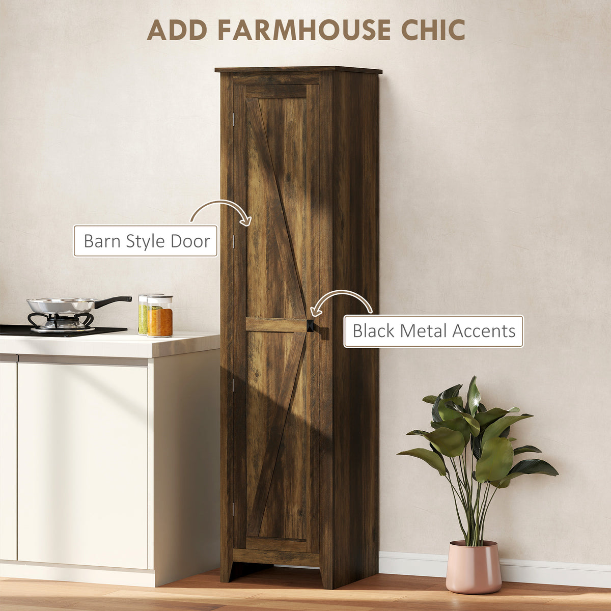Farmhouse Kitchen Pantry Storage Cabinet with Barn Door – 17"W x 67"H
