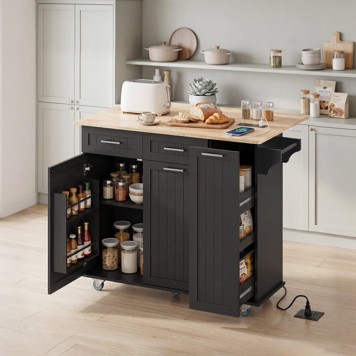 Kitchen Island on Wheels with Wood Drop Leaf – 47"W x 37"H