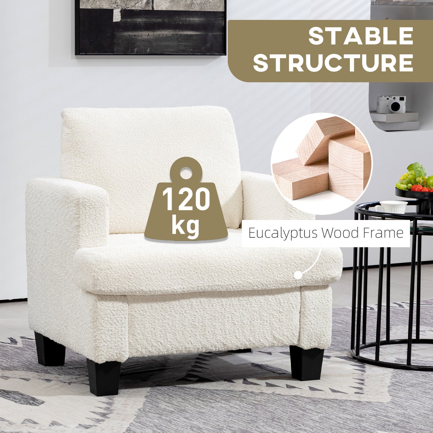 Modern Cream White Chenille Accent Armchair with Wood Frame, Back Pillow