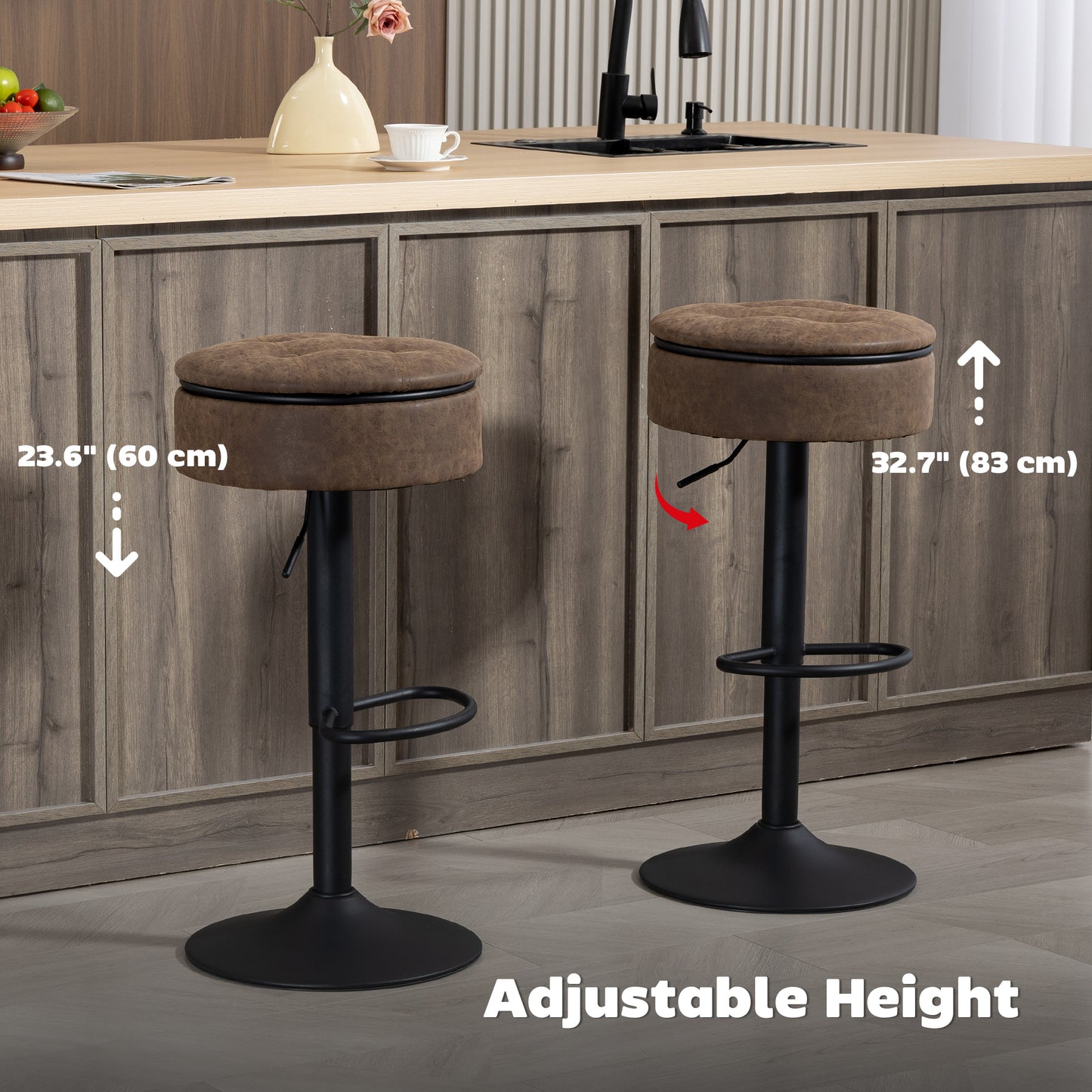 HOMCOM Set of 2 Barstools Swivel Storage Brown