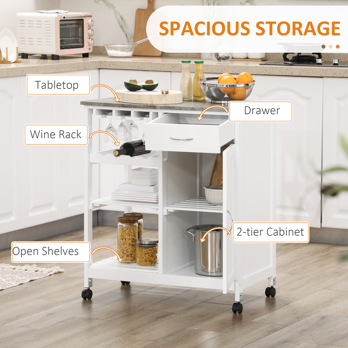 Rolling Kitchen Cart with Wine Rack – 30"W x 35"H