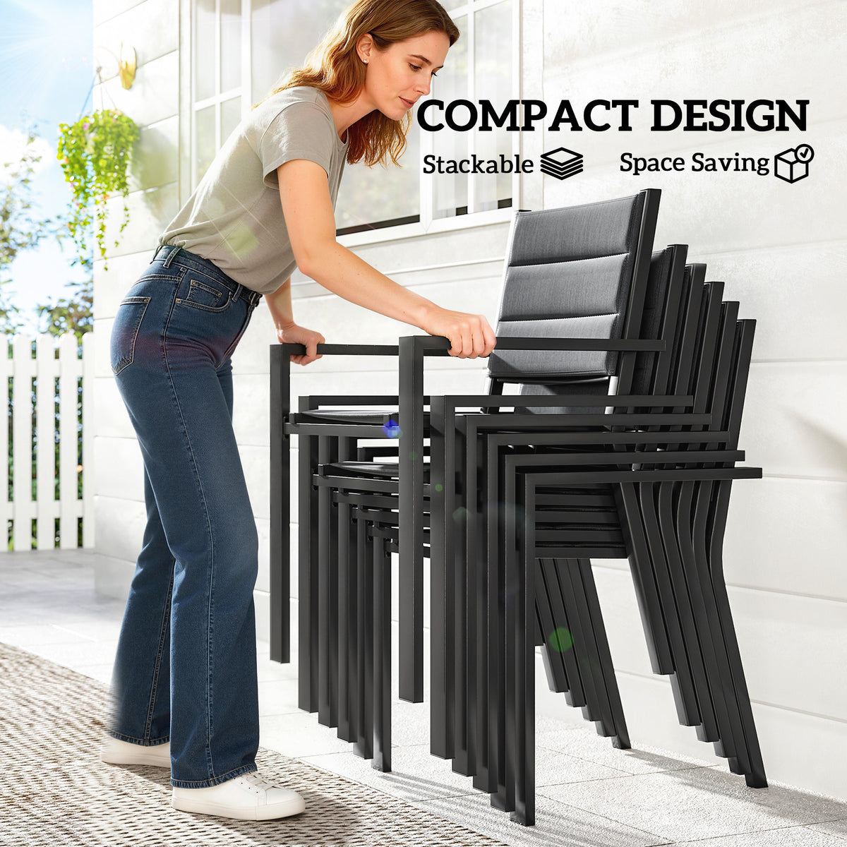 Patio Dining Set for 6, Aluminum Expandable Outdoor Table and 6 Stackable Chairs with Padded Back, Mesh Seat – Black
