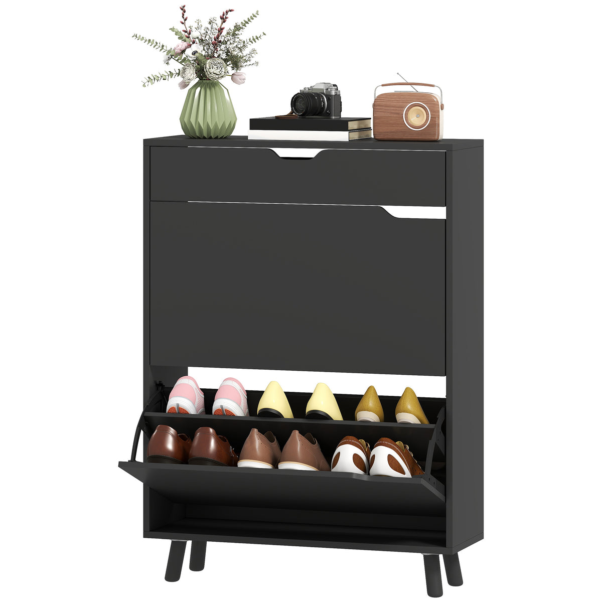 Narrow Shoe Cabinet for Entryway with 2 Flip Drawers – 28"W x 39"H