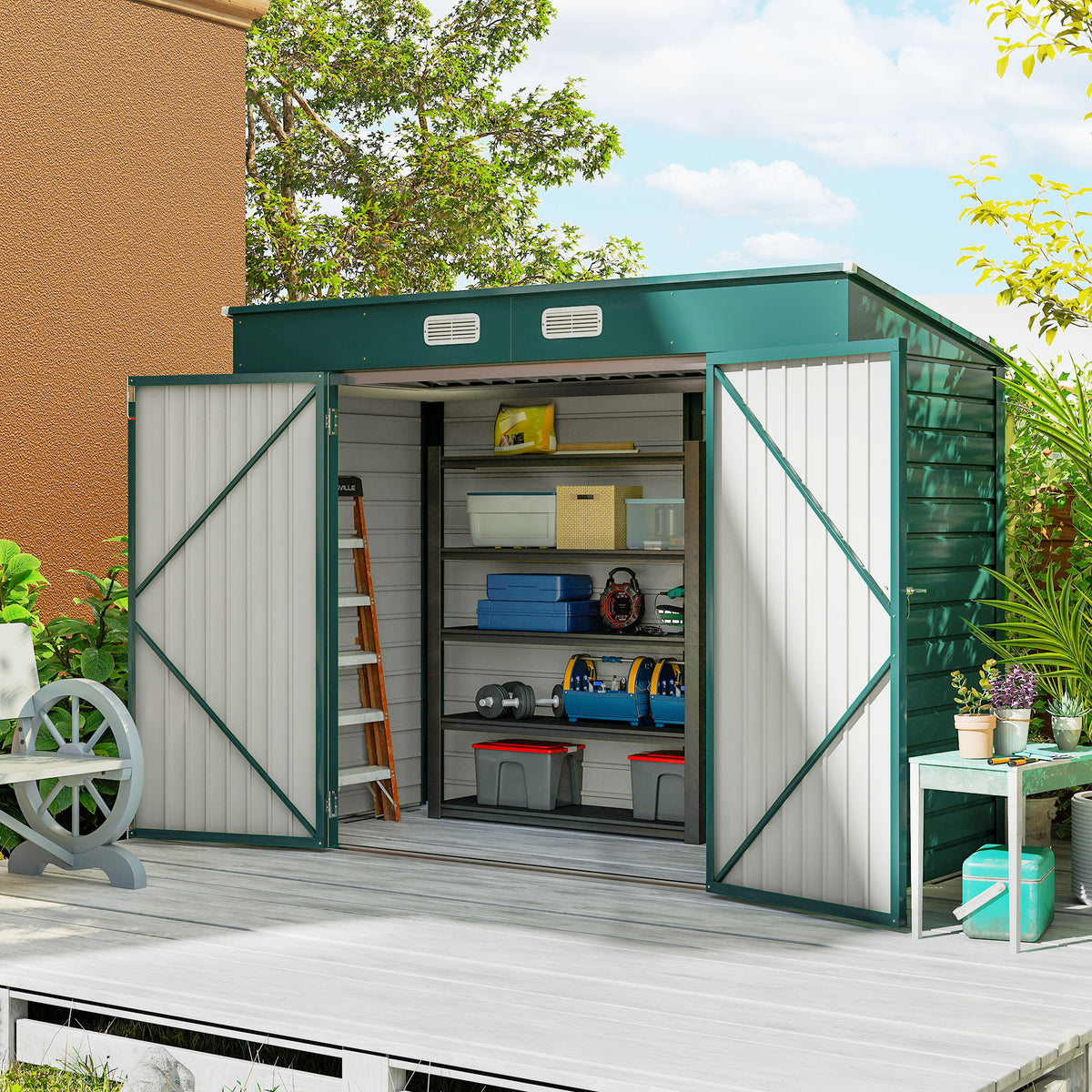 8 x 4FT Galvanized Garden Storage Shed, Metal Outdoor Shed with Double Doors and 2 Vents – Green