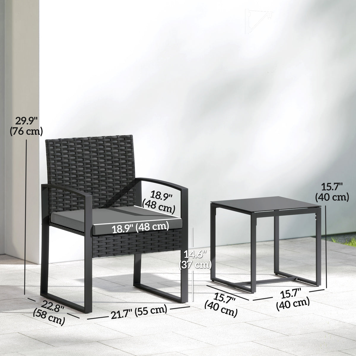 Outdoor Bistro Set, 3 Piece Wicker Patio Furniture Set with Glass Top Table and Cushions for Porch, Balcony – Dark Grey