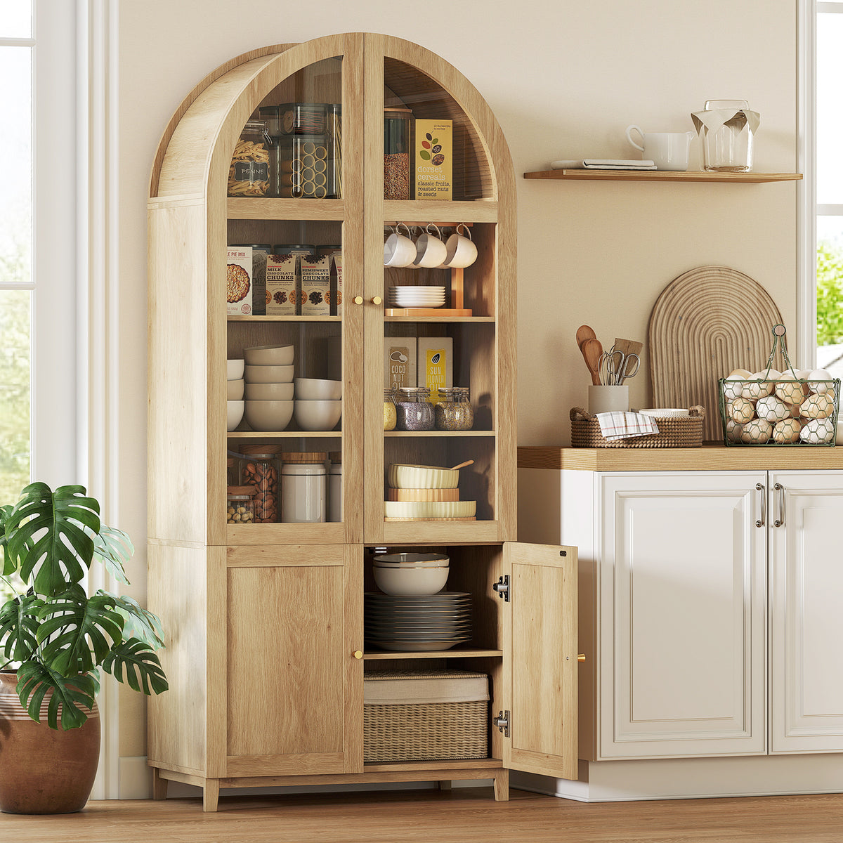 Farmhouse Kitchen Storage Cabinet with Acrylic Glass Doors – 31"W x 71"H