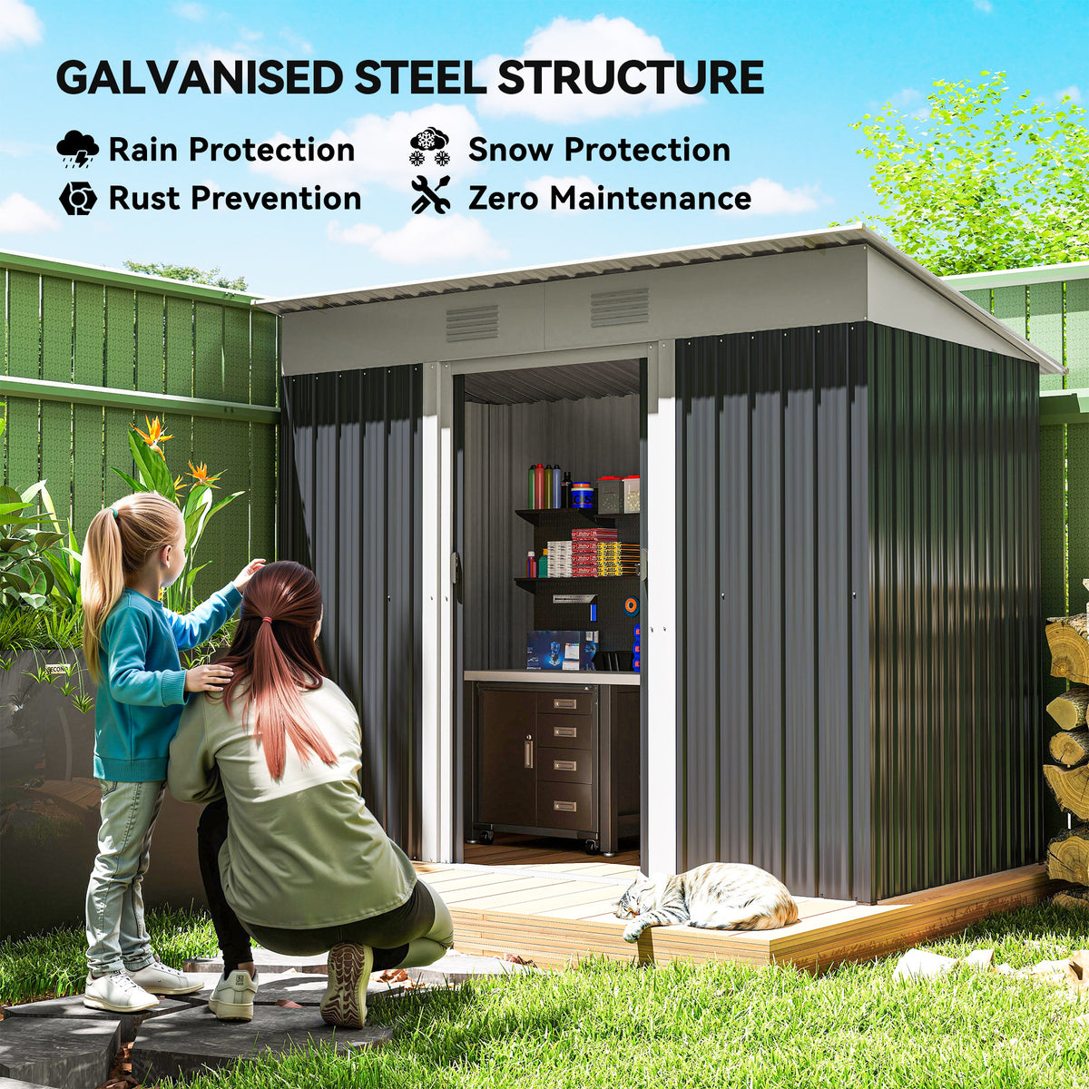 7' x 3.6' Outdoor Storage Shed, Metal Garden Tool Storage House Organizer with Lockable Sliding Doors and Vents for Backyard Patio Lawn – Charcoal Grey
