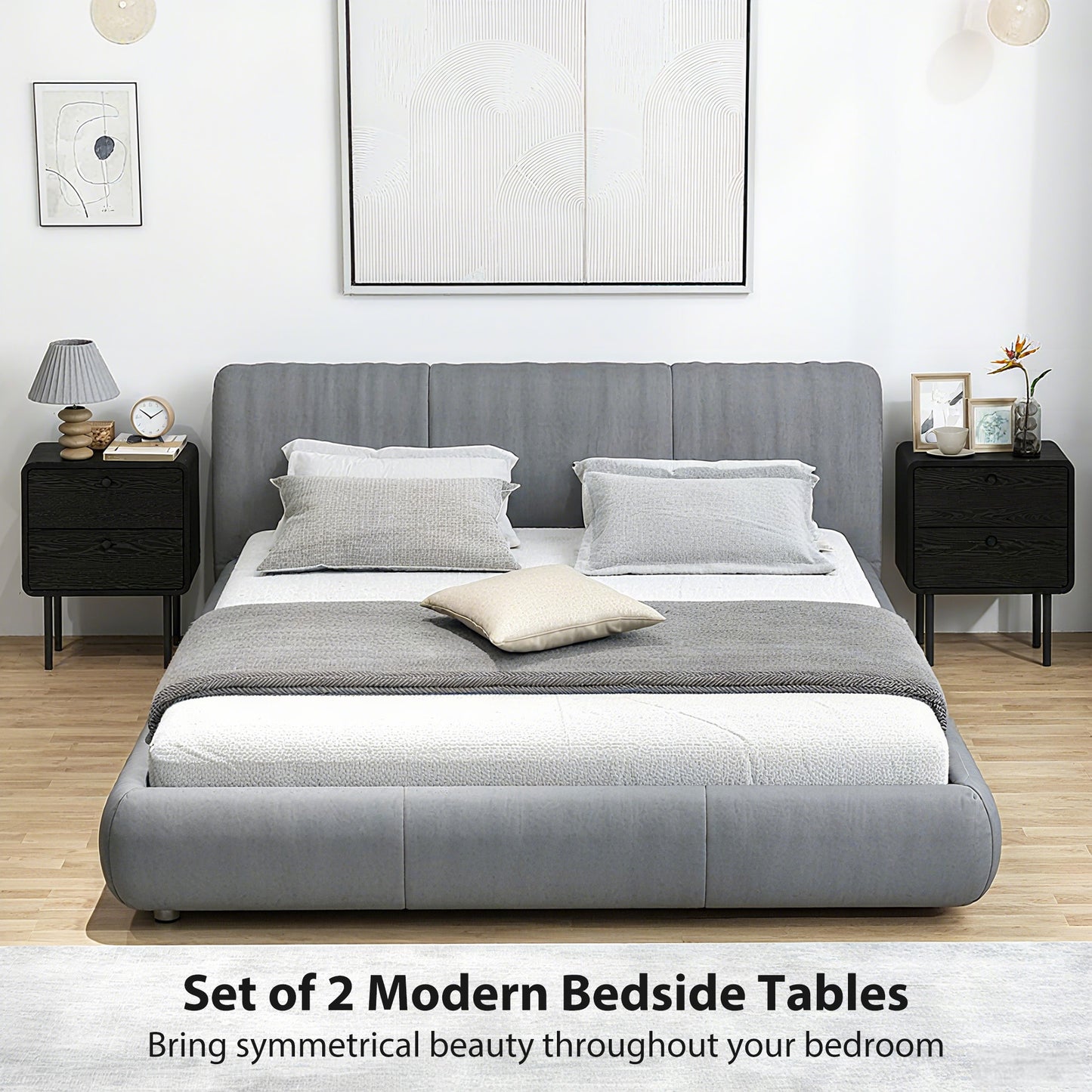 Modern Black Wood Grain Nightstands Set of Two, Dual Storage Drawers