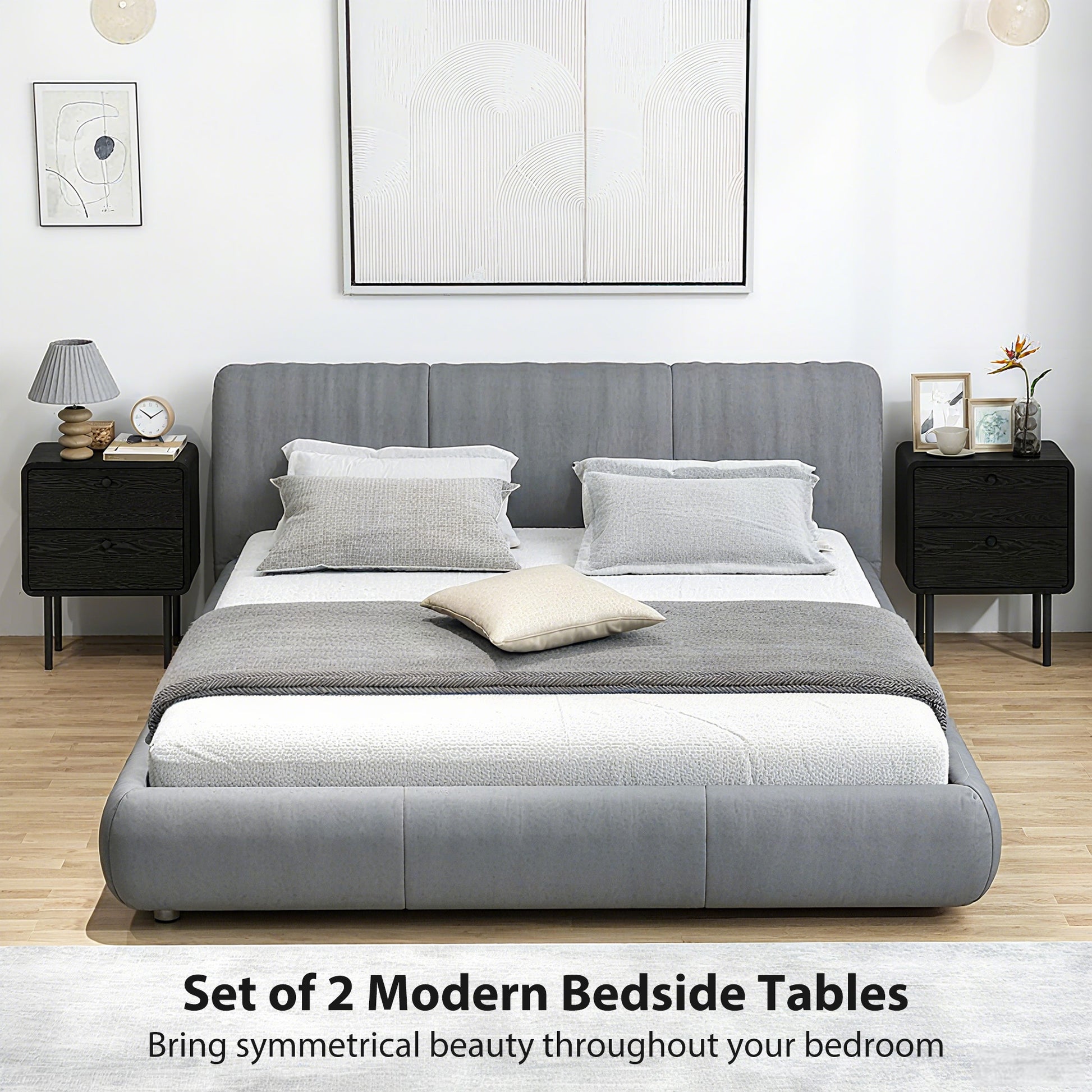 Modern Black Wood Grain Nightstands Set of Two, Dual Storage Drawers