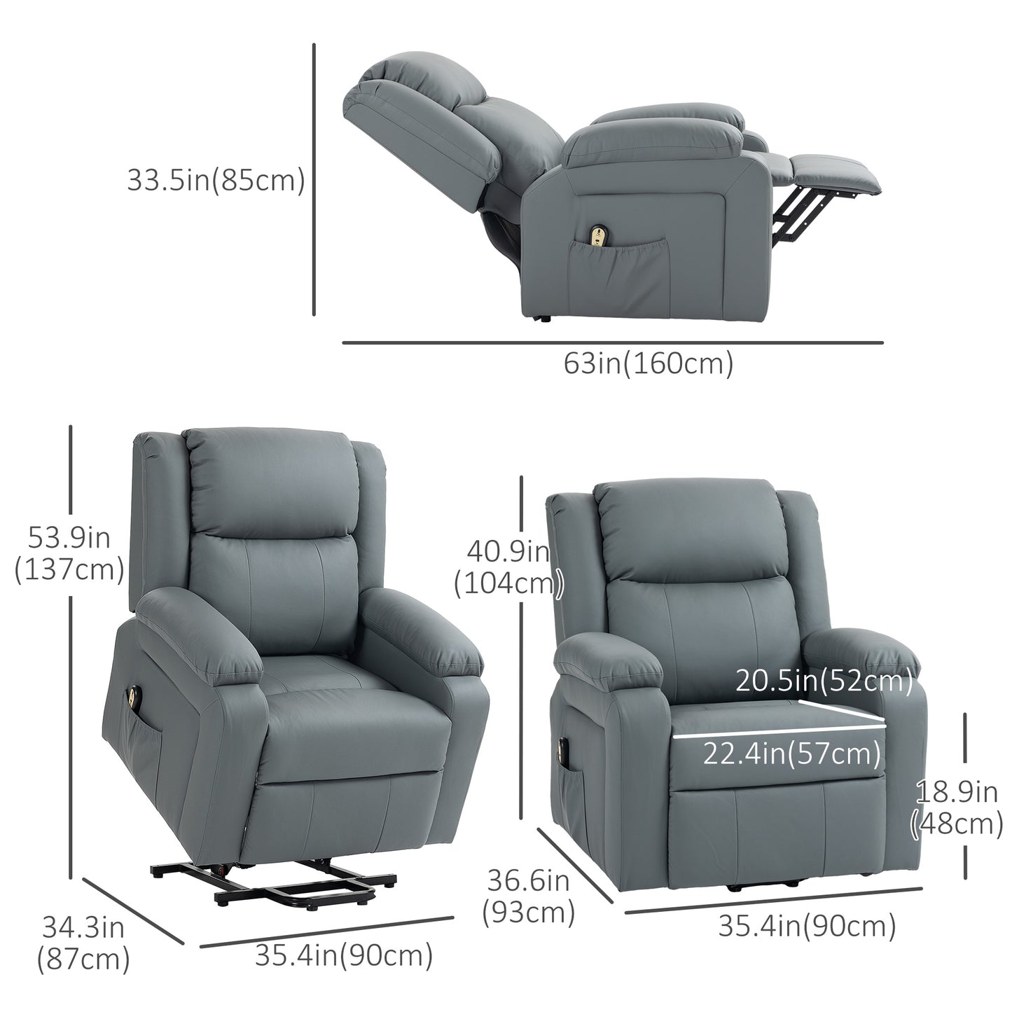 HOMCOM Electric Power Lift Recliner Chair, PU Leather, Remote, Side Pockets, Grey