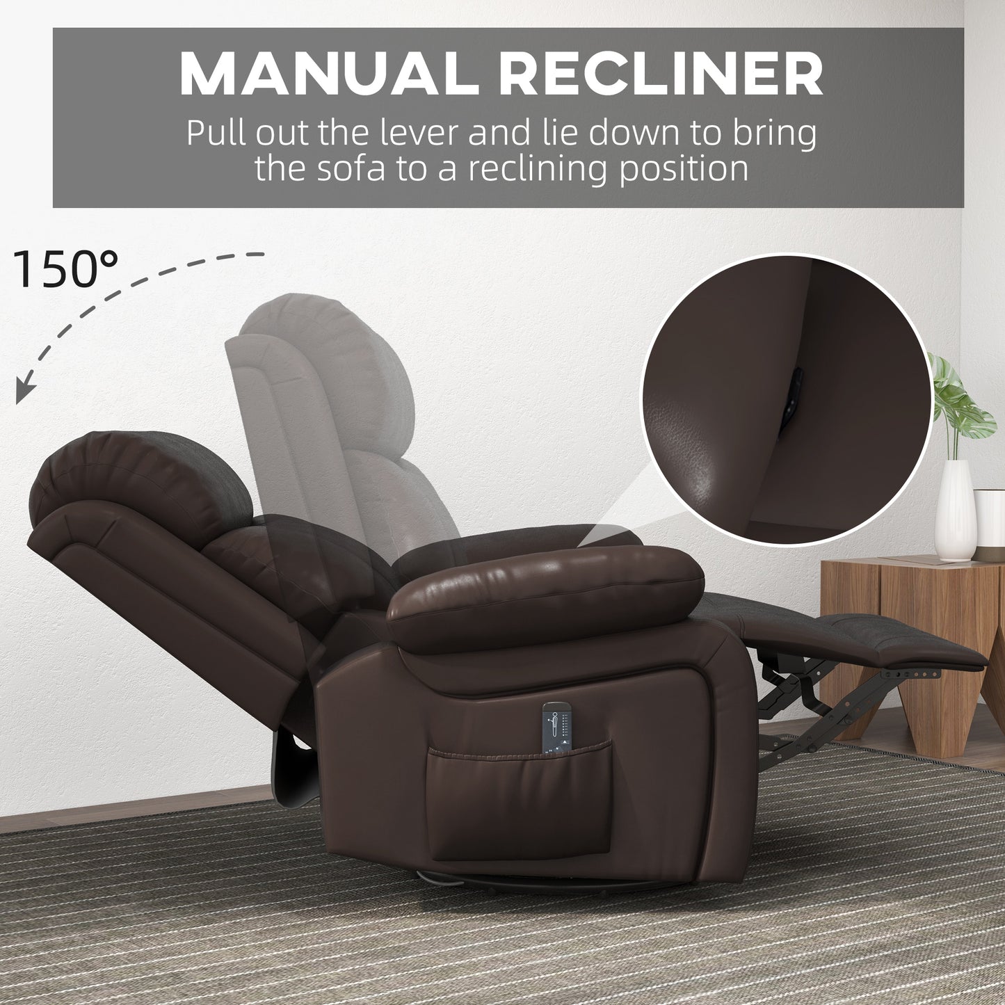 HOMCOM Brown PU Leather Massage Recliner Swivel Rocking Chair