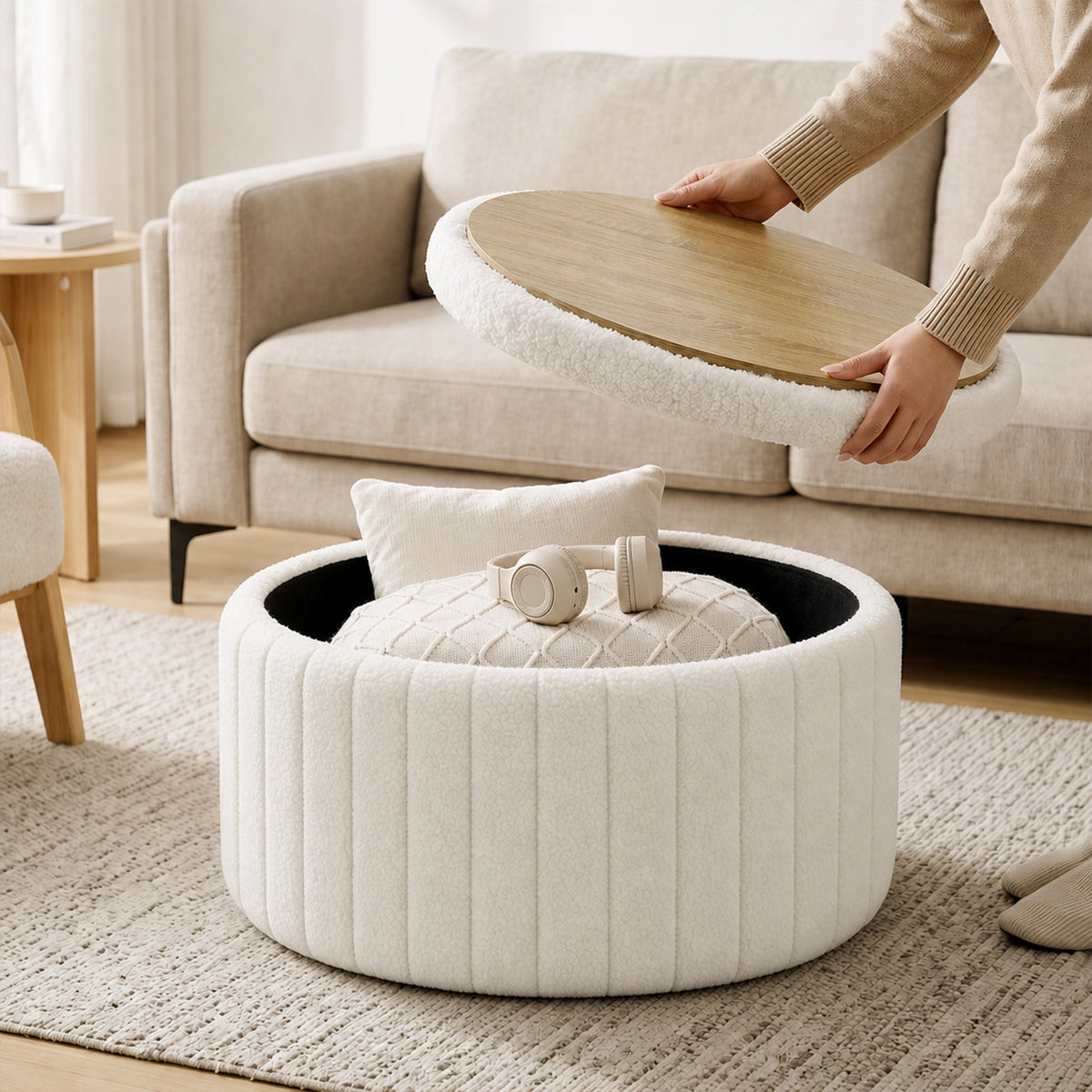 HOMCOM Round Coffee Table with Hidden Storage, Sherpa Fleece Center Table with Dual Reversible Lid for Living Room Cream White
