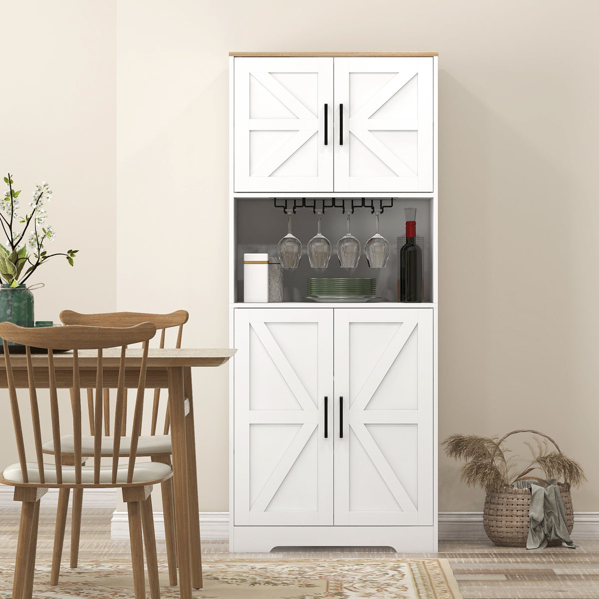 Freestanding Hutch Storage Cabinet with Microwave Oven Countertop – 28"W x 68"H